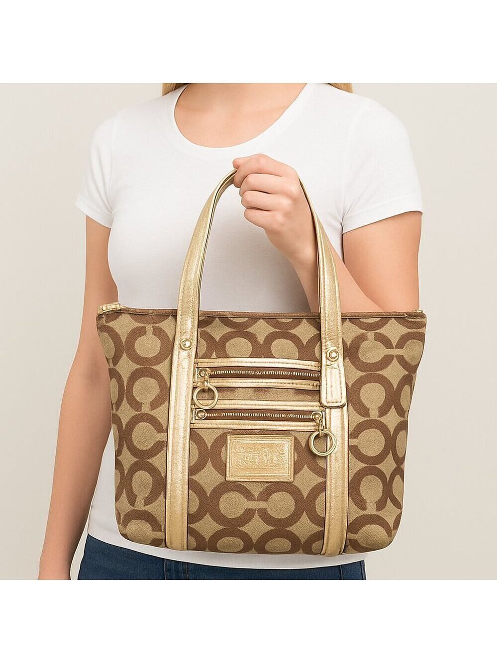 Coach Poppy Gold Khaki Large Tote Blue Lining